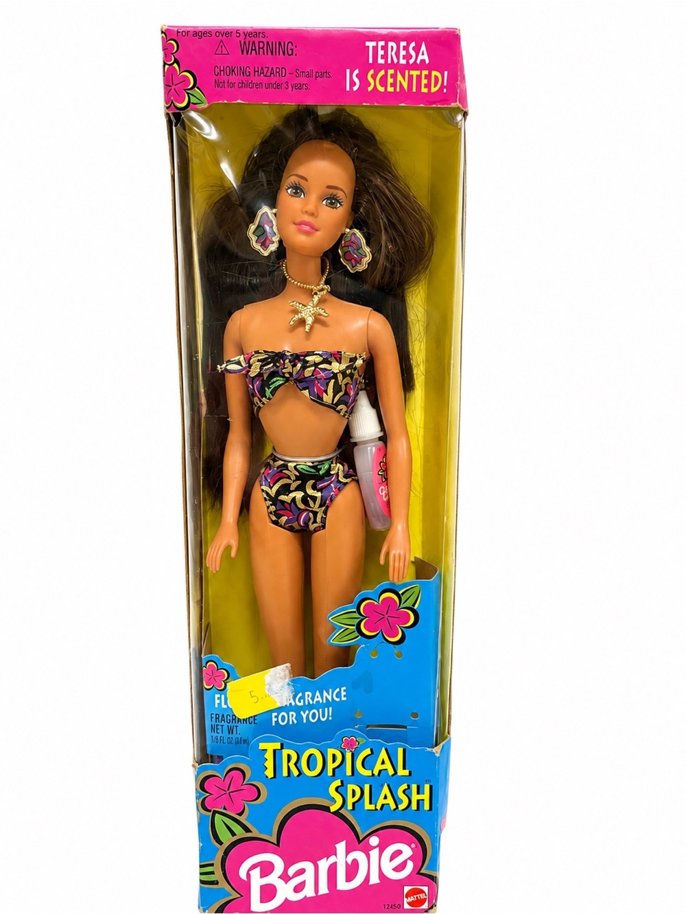 Vintage Barbie Tropical Splash Teresa Doll Black Floral Bikini w/ scent Bottle